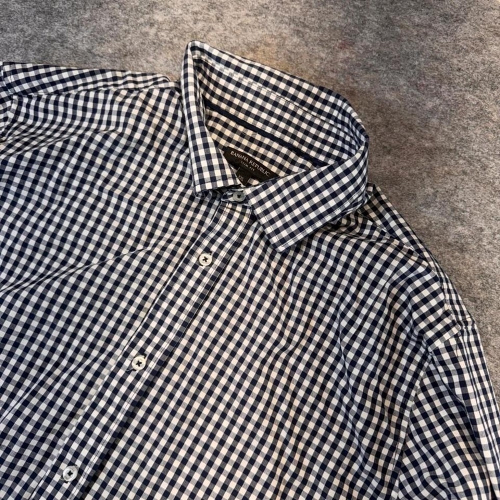 Banana Republic Mens XXL Slim Fit Gingham Button Down Shirt Navy Blue White 2844